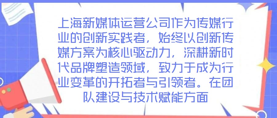 上海新媒體運(yùn)營公司作為傳媒行業(yè)的創(chuàng)新實(shí)踐者，始終以創(chuàng)新傳媒方案為核心驅(qū)動(dòng)力，深耕新時(shí)代品牌塑造領(lǐng)域，致力于成為行業(yè)變革的開拓者與引領(lǐng)者。在團(tuán)隊(duì)建設(shè)與技術(shù)賦能方面