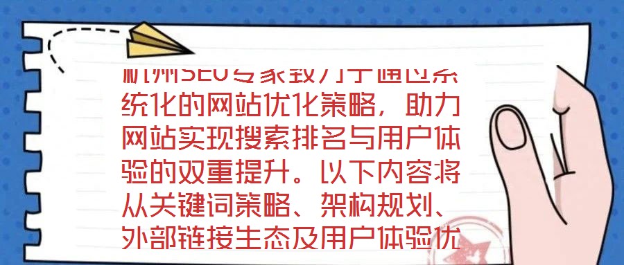 杭州SEO專家致力于通過系統化的網站優化策略，助力網站實現搜索排名與用戶體驗的雙重提升。以下內容將從關鍵詞策略、架構規劃、外部鏈接生態及用戶體驗優化四個維度，深